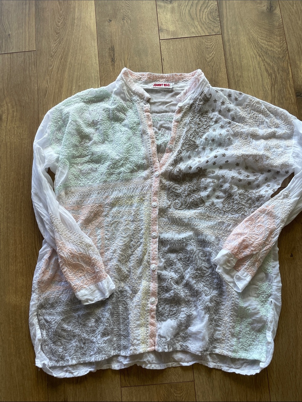 Johnny Was Sheer Embroidered Button-Front Blouse - White with Pastel Accents
